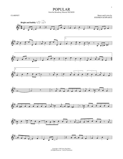 sheet music for clarinet popular songs